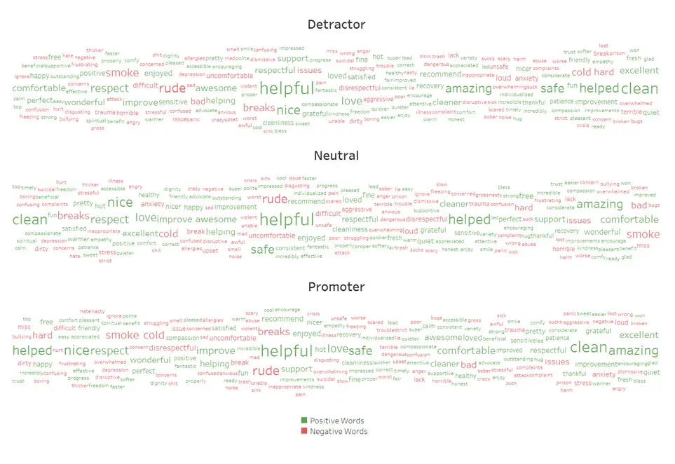 Positive and Negative Word Frequency by Net Promoter Category (Not Interactive)